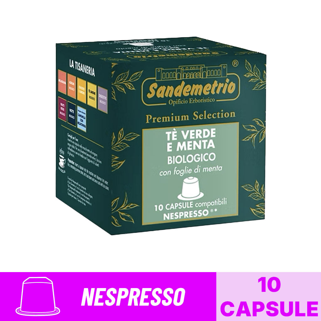 Scatola da 10 capsule compatibili Nespresso Sandemetrio Tè Verde e Menta Biologico Premium Selection con banner grafico.