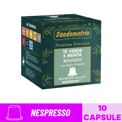 Scatola da 10 capsule compatibili Nespresso Sandemetrio Tè Verde e Menta Biologico Premium Selection con banner grafico.