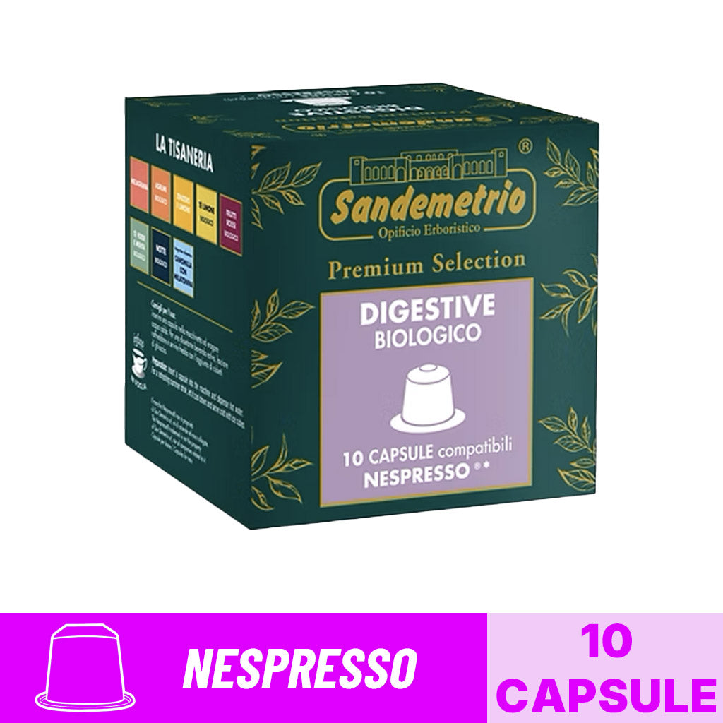 Scatola da 10 capsule compatibili Nespresso Sandemetrio Tisana Digestive Biologico Premium Selection con banner grafico.