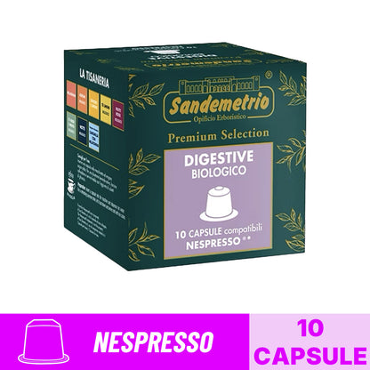 Scatola da 10 capsule compatibili Nespresso Sandemetrio Tisana Digestive Biologico Premium Selection con banner grafico.