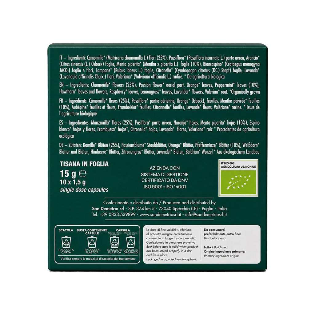 Retro della scatola di capsule compatibili Nespresso Sandemetrio Tisana Notte Biologico con dettaglio della lista ingredienti e certificazione biologica.