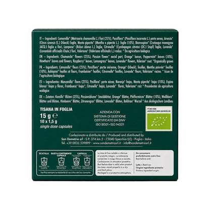 Retro della scatola di capsule compatibili Nespresso Sandemetrio Tisana Notte Biologico con dettaglio della lista ingredienti e certificazione biologica.