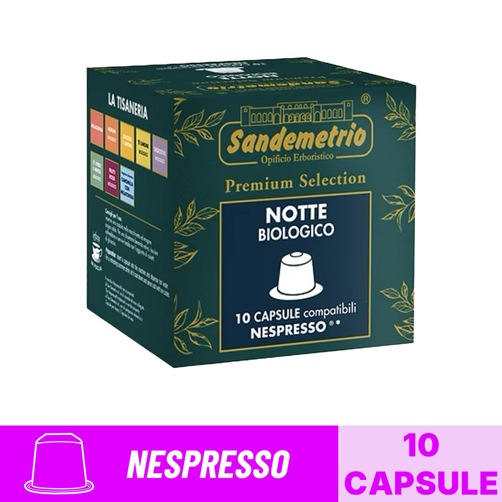 Scatola da 10 capsule compatibili Nespresso Sandemetrio Tisana Notte Biologico Premium Selection con banner grafico.