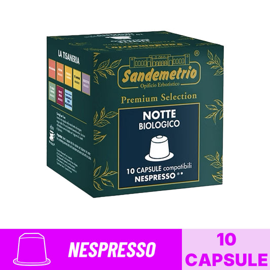 Scatola da 10 capsule compatibili Nespresso Sandemetrio Tisana Notte Biologico Premium Selection con banner grafico.