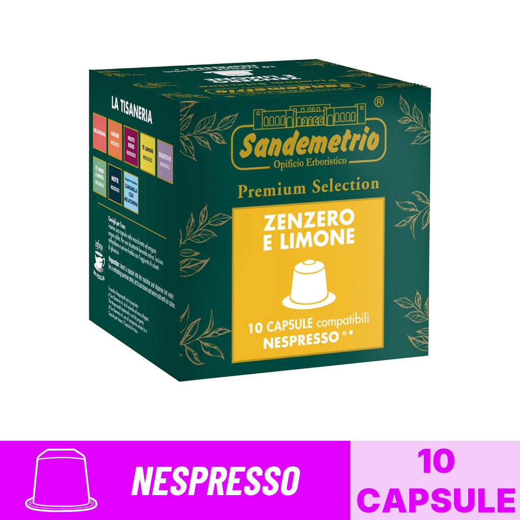 Scatola da 10 capsule compatibili Nespresso Sandemetrio Infuso Zenzero e Limone Premium Selection con banner grafico.