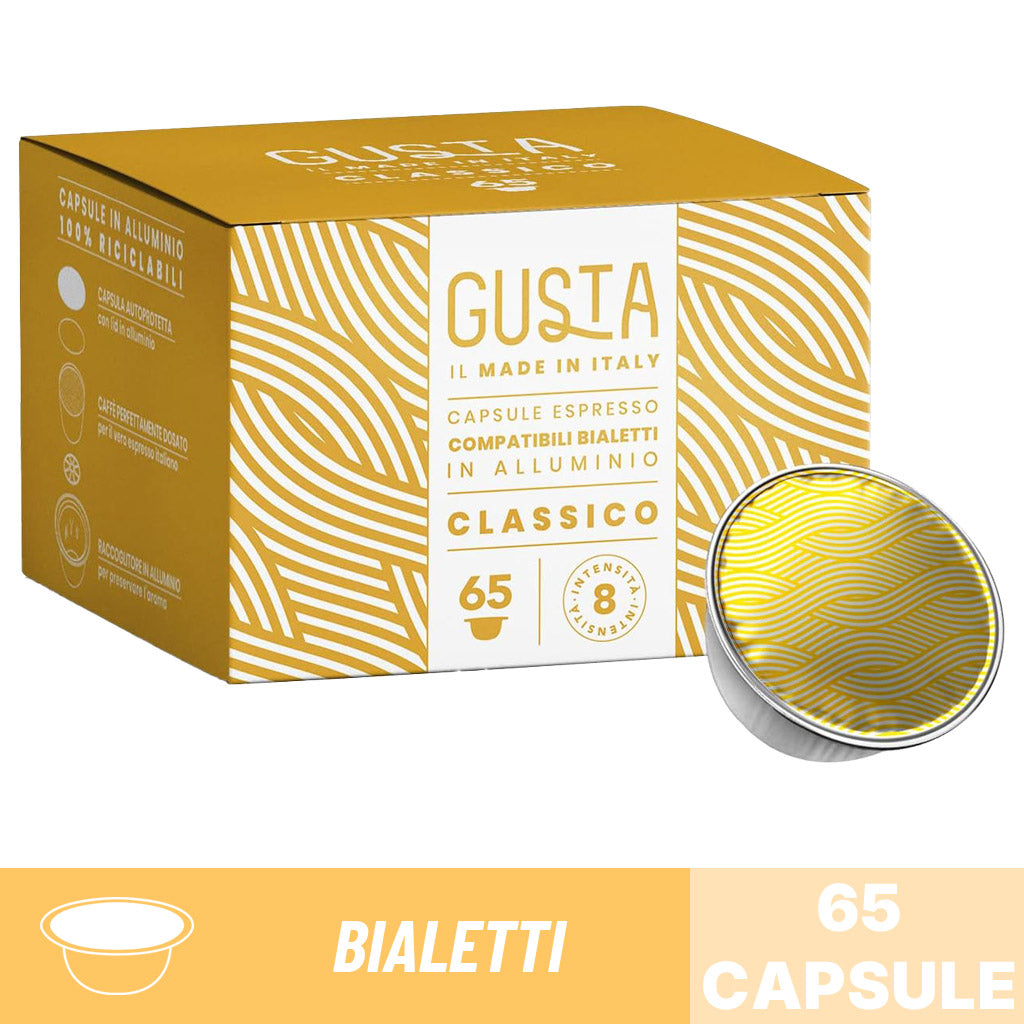 Capsule espresso compatibili Bialetti Gusta miscela Classica: scatola 65 capsule in alluminio 100% riciclabili