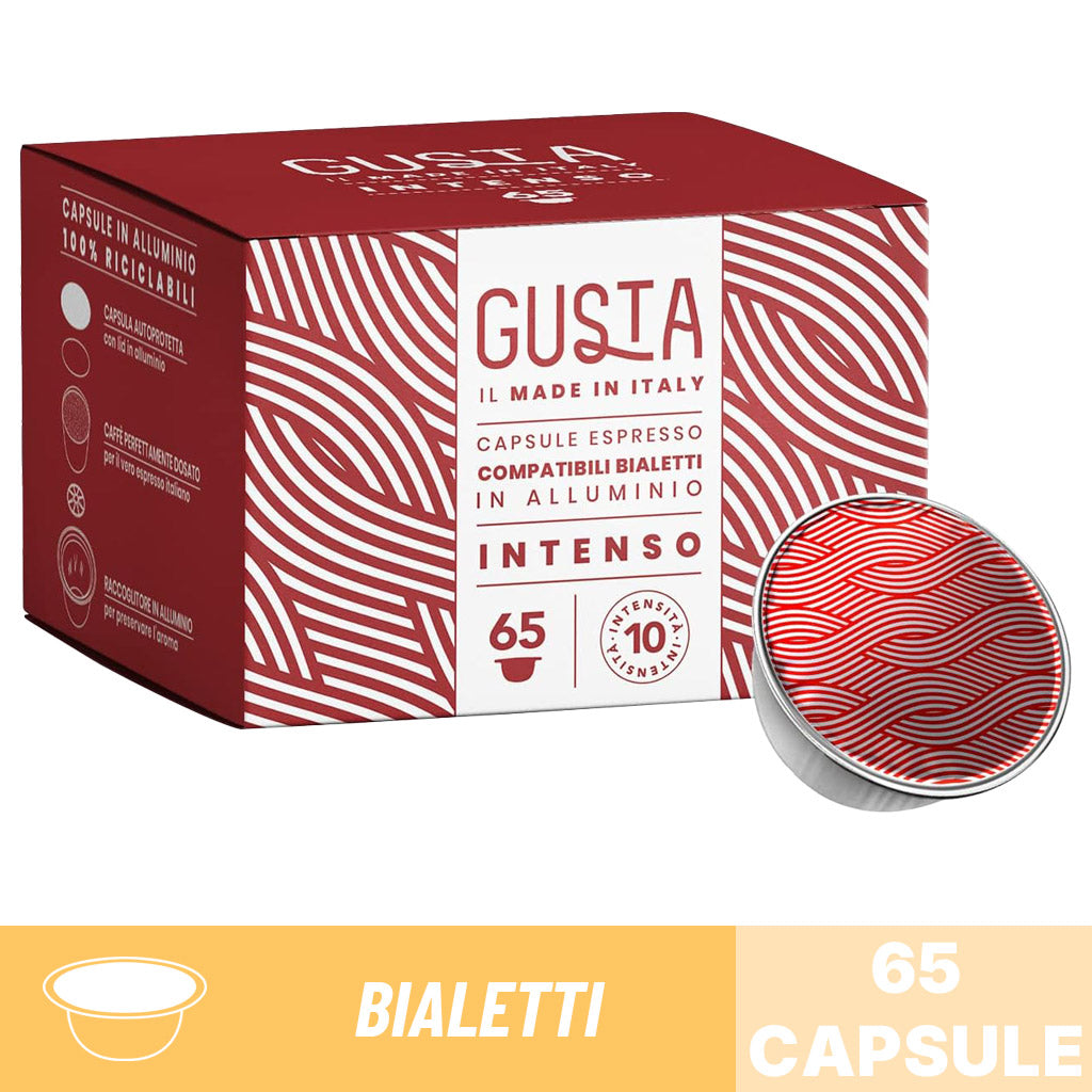 Capsule espresso compatibili Bialetti Gusta miscela Classica: scatola 65 capsule in alluminio 100% riciclabili