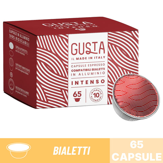 Capsule espresso compatibili Bialetti Gusta miscela Classica: scatola 65 capsule in alluminio 100% riciclabili