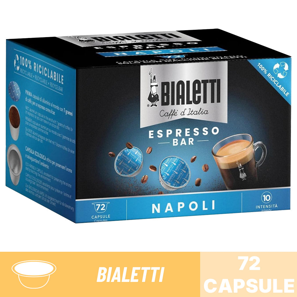 Confezione scorta da 72 capsule di caffè Bialetti Caffè d'Italia Espresso Bar, miscela Napoli con intensità 10 e capsule in alluminio riciclabile.