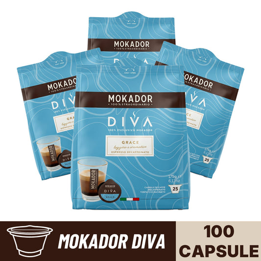 Confezione da 100 capsule Mokador Diva Grace decaffeinato in 4 sacchetti da 25 pezzi