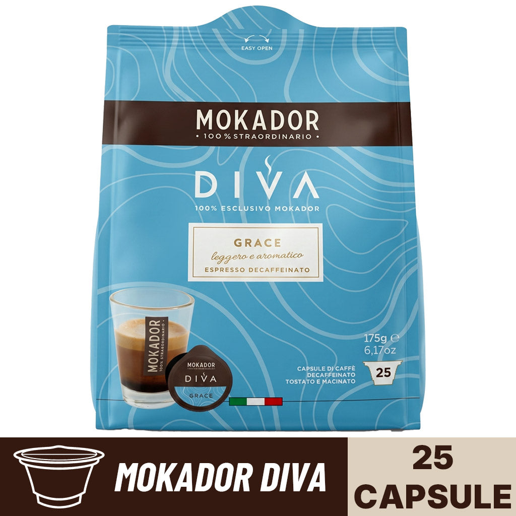 Confezione singola da 25 capsule Mokador Diva Grace decaffeinato