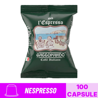 Incarto singolo di capsule compatibili Nespresso Caffè Gattopardo miscela Dek decaffeinato con banner grafico formato 100 capsule.
