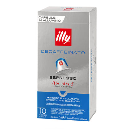 Astuccio da 10 capsule in alluminio compatibili Nespresso Caffè Illy Decaffeinato.