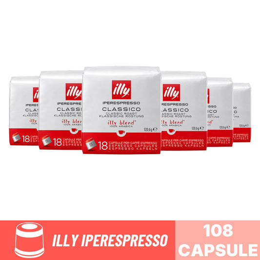 Capsule caffè Illy Iperespresso Classico: box scorta da 108 capsule (6 confezioni da 18 pezzi) 100% Arabica.