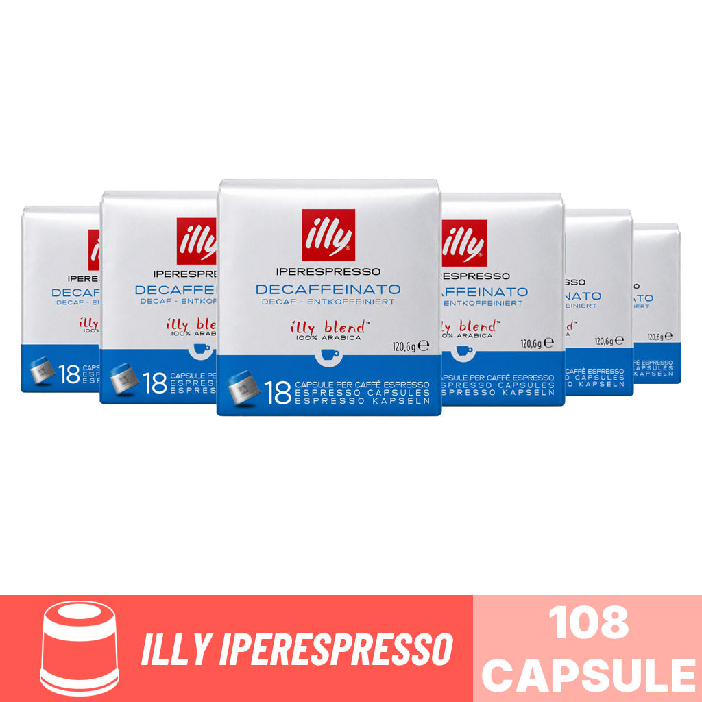 Capsule caffè Illy Iperespresso Decaffeinato: box scorta da 108 capsule (6 confezioni da 18 pezzi) 100% Arabica.