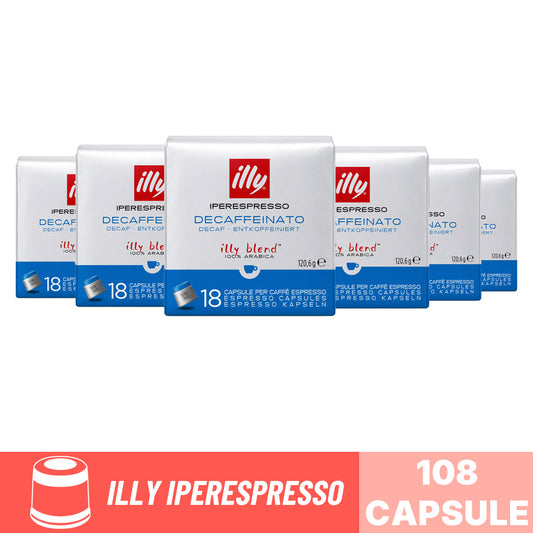 Capsule caffè Illy Iperespresso Decaffeinato: box scorta da 108 capsule (6 confezioni da 18 pezzi) 100% Arabica.