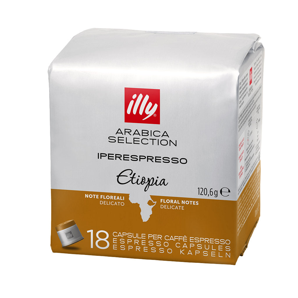 Confezione da 18 capsule per caffè espresso Illy Iperespresso Arabica Selection Etiopia con note floreali.