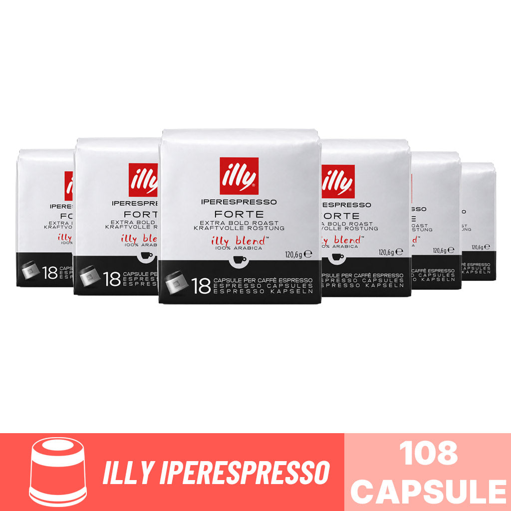 Capsule caffè Illy Iperespresso Forte: box scorta da 108 capsule (6 confezioni da 18 pezzi) 100% Arabica.