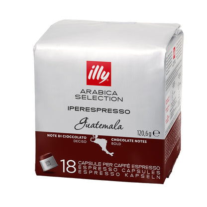 Confezione da 18 capsule per caffè espresso Illy Iperespresso Arabica Selection Guatemala con note di cioccolato.