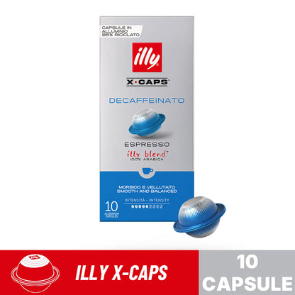 frontale confezione con capsula illy decaffeinato x-caps 10 capsule alluminio