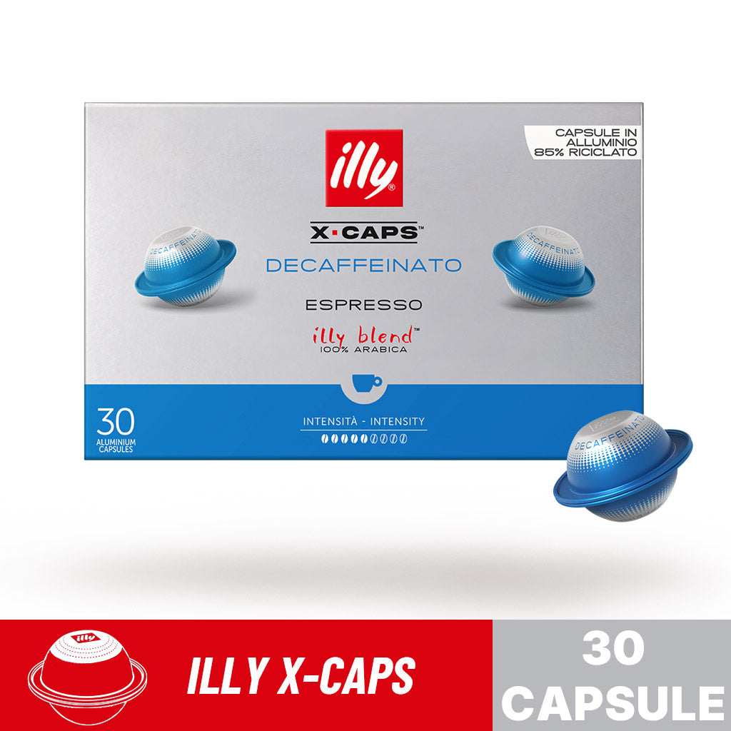 frontale confezione con capsula illy decaffeinato x-caps 30 capsule alluminio