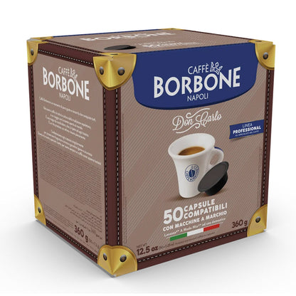 Scatola da 50 capsule compatibili Lavazza A Modo Mio Caffè Borbone Don Carlo Miscela Nera.