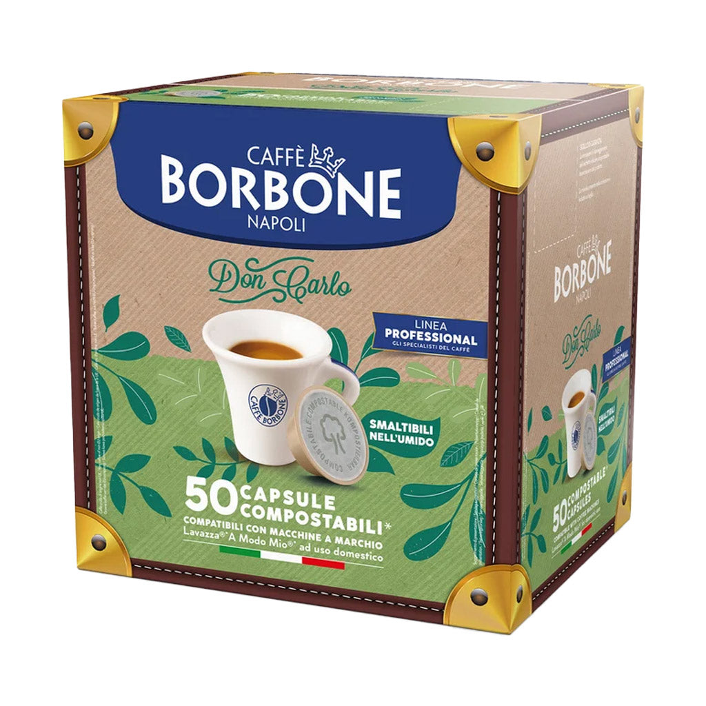 Scatola da 50 capsule compostabili compatibili Lavazza A Modo Mio Caffè Borbone Don Carlo Miscela Oro.