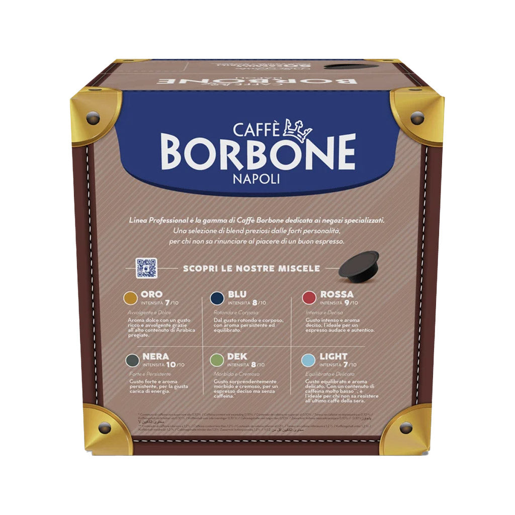 Retro scatola capsule compatibili Lavazza A Modo Mio Caffè Borbone Don Carlo: guida alle miscele Linea Professional.