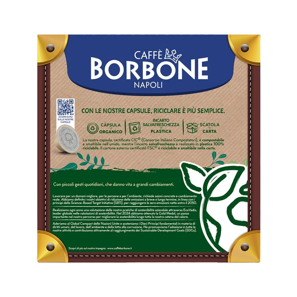 Retro scatola capsule compatibili Lavazza A Modo Mio Caffè Borbone Don Carlo Miscela Oro: indicazioni per il corretto riciclo e compostaggio.