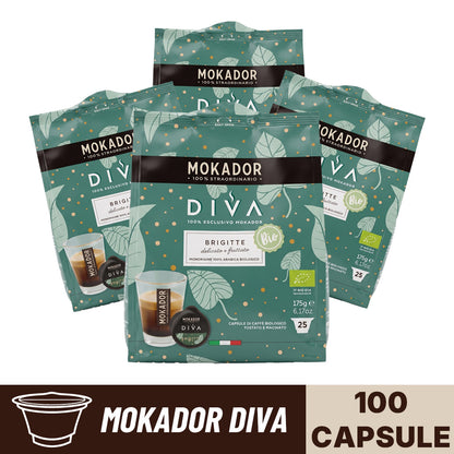 Confezione da 100 capsule Mokador Diva brigitte 100% arabica in 4 sacchetti da 25 pezzi