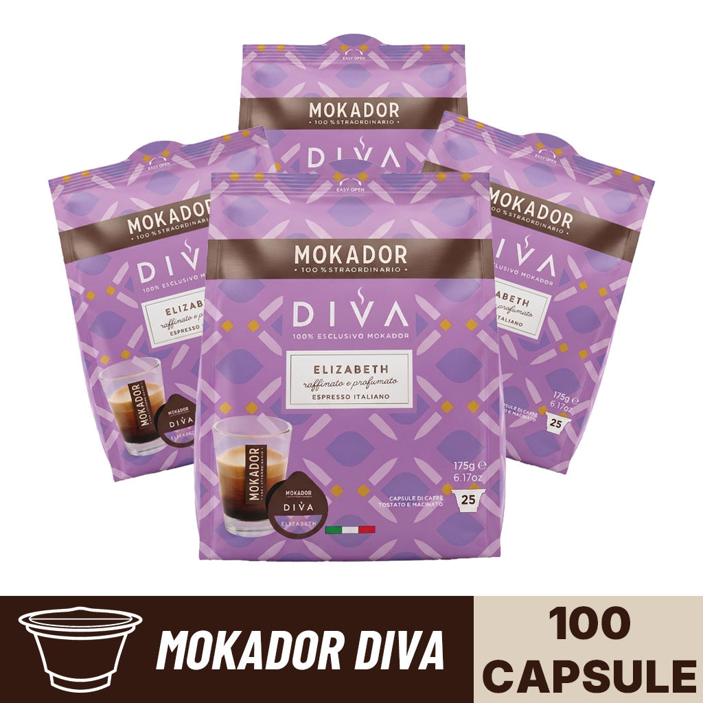 Confezione da 100 capsule Mokador Diva elizabeth in 4 sacchetti da 25 pezzi