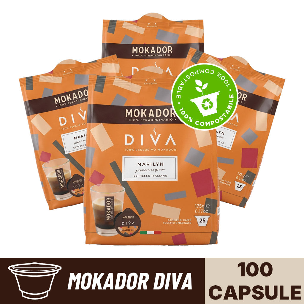 Confezione da 100 capsule Mokador Diva marilyn compostabile in 4 sacchetti da 25 pezzi