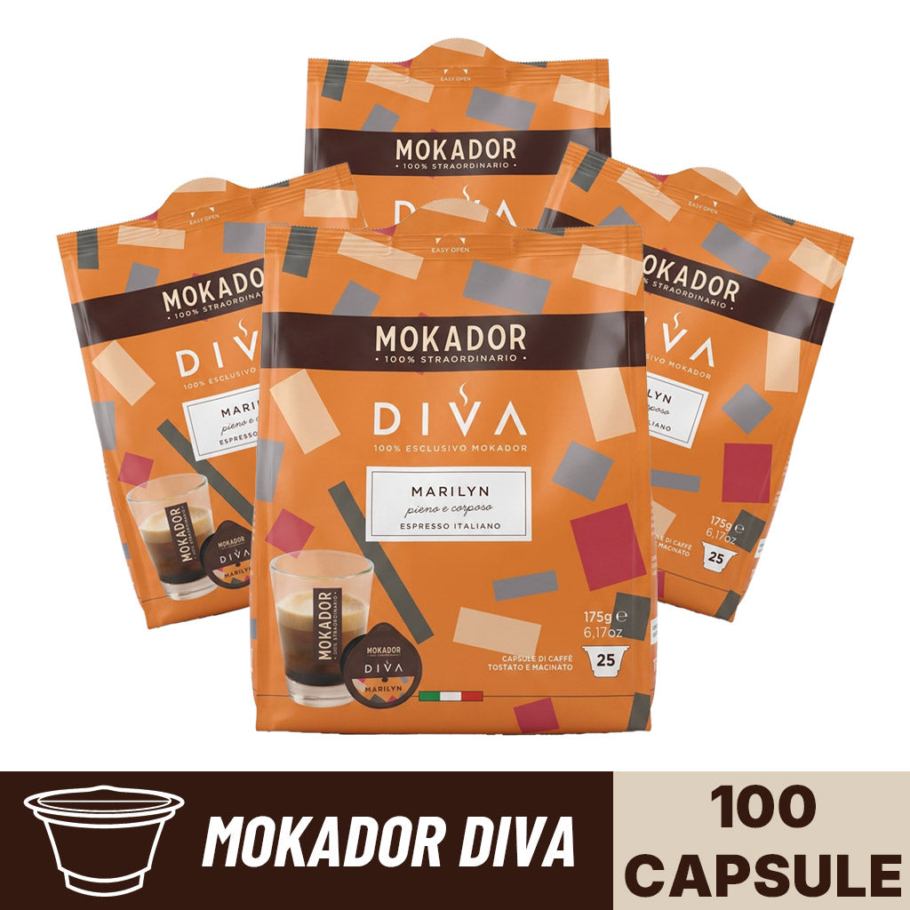 Confezione da 100 capsule Mokador Diva marilyn in 4 sacchetti da 25 pezzi
