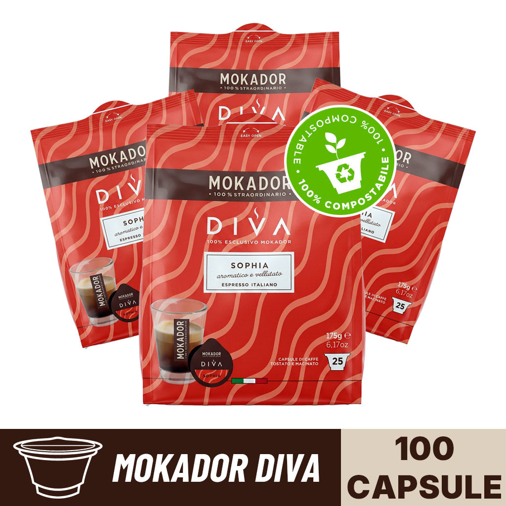 Confezione da 100 capsule Mokador Diva Sophia Compostabile in 4 sacchetti da 25 pezzi