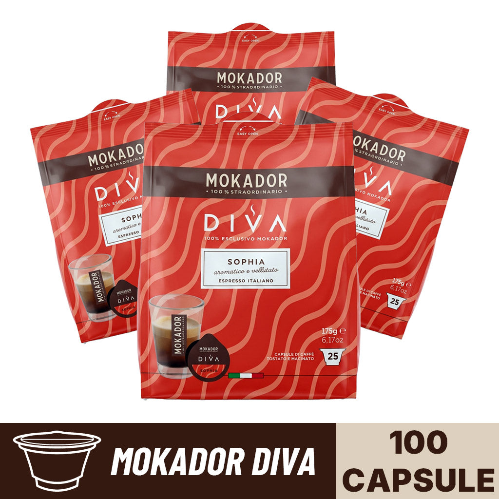 Confezione da 100 capsule Mokador Diva sophia in 4 sacchetti da 25 pezzi