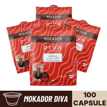 Confezione da 100 capsule Mokador Diva sophia in 4 sacchetti da 25 pezzi