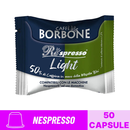 Capsule caffè Borbone Respresso Miscela Light a ridotto contenuto di caffeina compatibili Nespresso: box 50 capsule.