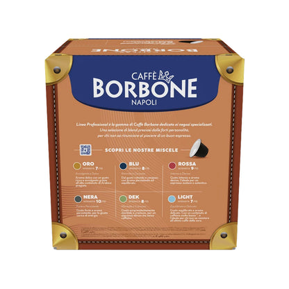 Retro scatola capsule compatibili Nespresso Caffè Borbone Linea Professional con tabella intensità miscele.
