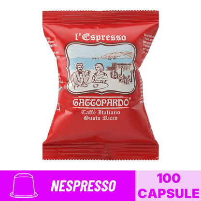 Incarto singolo di capsule compatibili Nespresso Caffè Gattopardo miscela Gusto Ricco con banner grafico formato 100 capsule.