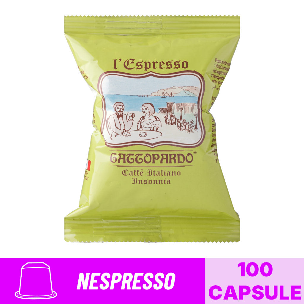 Incarto singolo di capsule compatibili Nespresso Caffè Gattopardo miscela Insonnia con banner grafico formato 100 capsule.