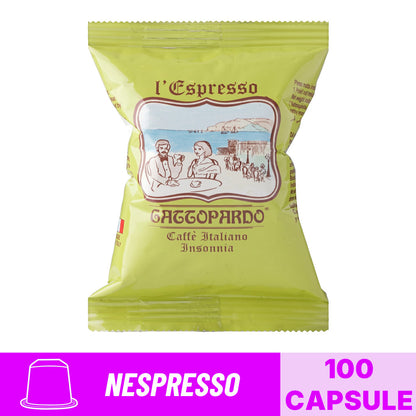 Incarto singolo di capsule compatibili Nespresso Caffè Gattopardo miscela Insonnia con banner grafico formato 100 capsule.