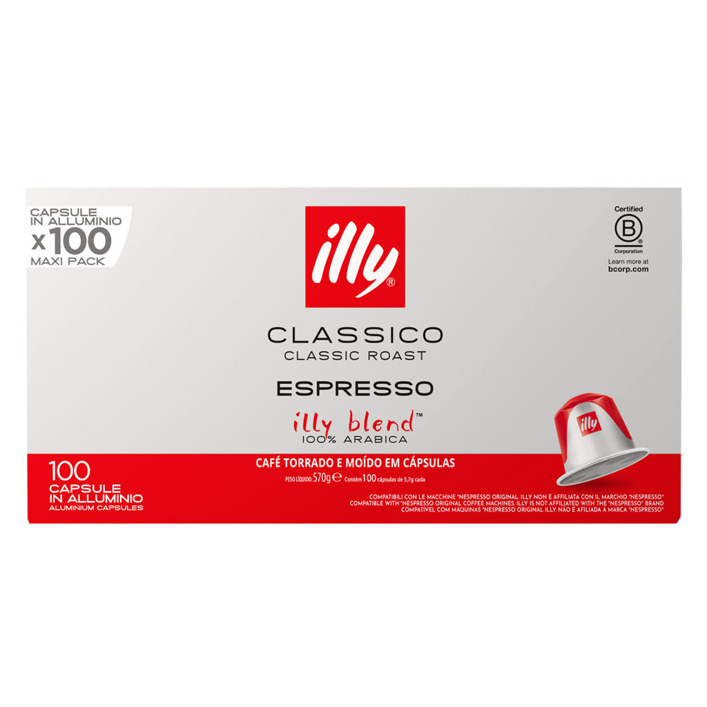 Confezione Maxi Pack da 100 capsule in alluminio compatibili Nespresso Caffè Illy Classico Classic Roast vista frontale.