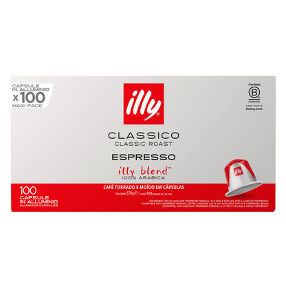 Confezione Maxi Pack da 100 capsule in alluminio compatibili Nespresso Caffè Illy Classico Classic Roast vista frontale.