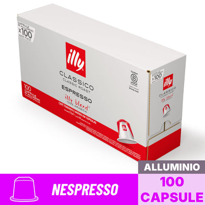 Scatola Maxi Pack da 100 capsule in alluminio compatibili Nespresso Caffè Illy Classico Classic Roast in vista prospettica.