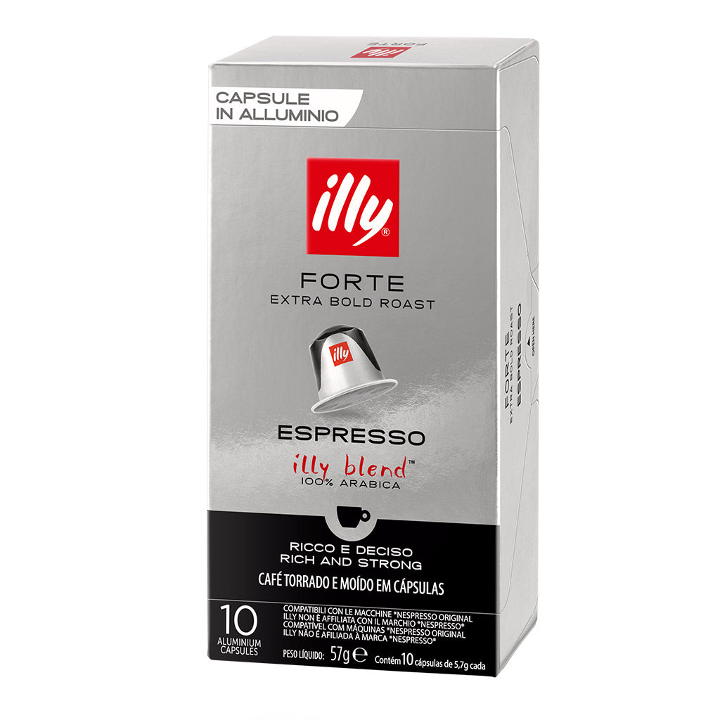 Astuccio da 10 capsule in alluminio compatibili Nespresso Caffè Illy Forte Extra Bold Roast.