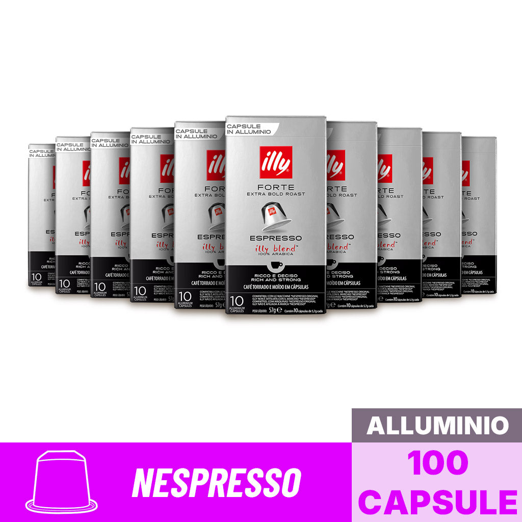 Bundle scorta da 100 capsule in alluminio compatibili Nespresso Caffè Illy Forte Extra Bold Roast: 10 astucci da 10 pezzi.