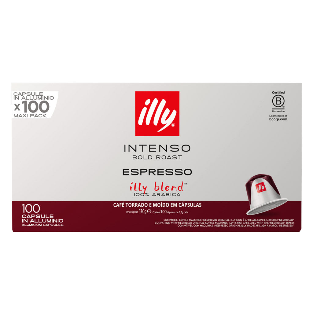 Confezione Maxi Pack da 100 capsule in alluminio compatibili Nespresso Caffè Illy Intenso Bold Roast vista frontale.