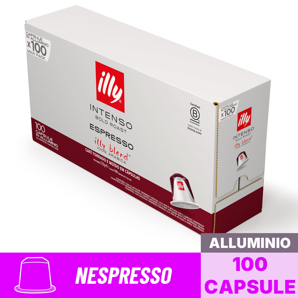 Scatola Maxi Pack da 100 capsule in alluminio compatibili Nespresso Caffè Illy Intenso Bold Roast in vista prospettica.