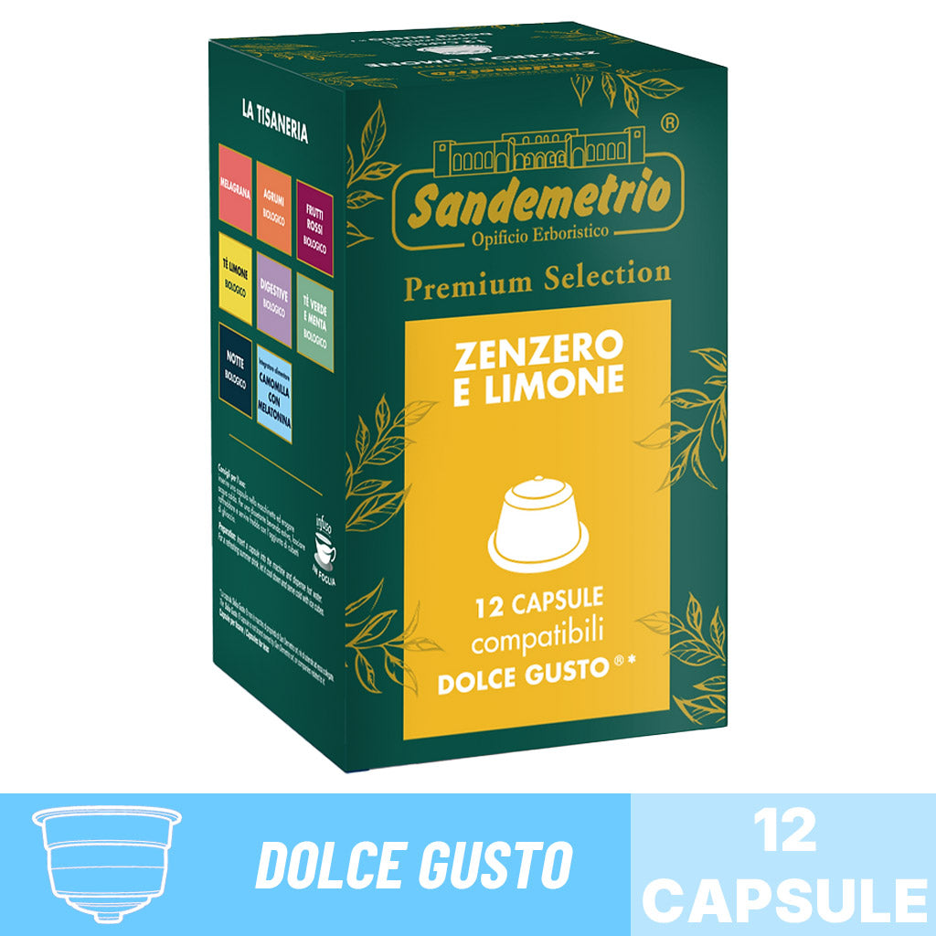 Scatola da 12 capsule compatibili Nescafé Dolce Gusto Sandemetrio Infuso Zenzero e Limone Premium Selection.
