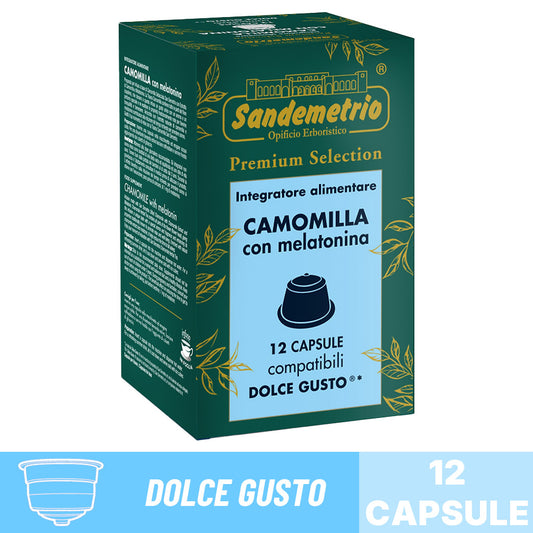 Scatola da 12 capsule compatibili Nescafé Dolce Gusto Sandemetrio Integratore Alimentare Camomilla con Melatonina.